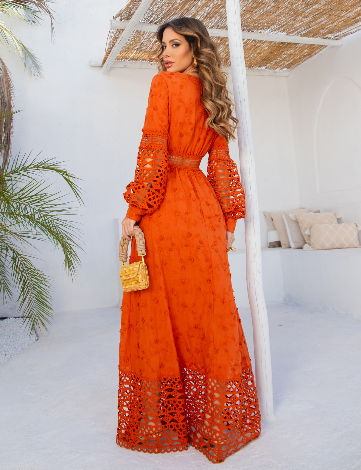 Vestido Longo Bordado Manu - Laranja