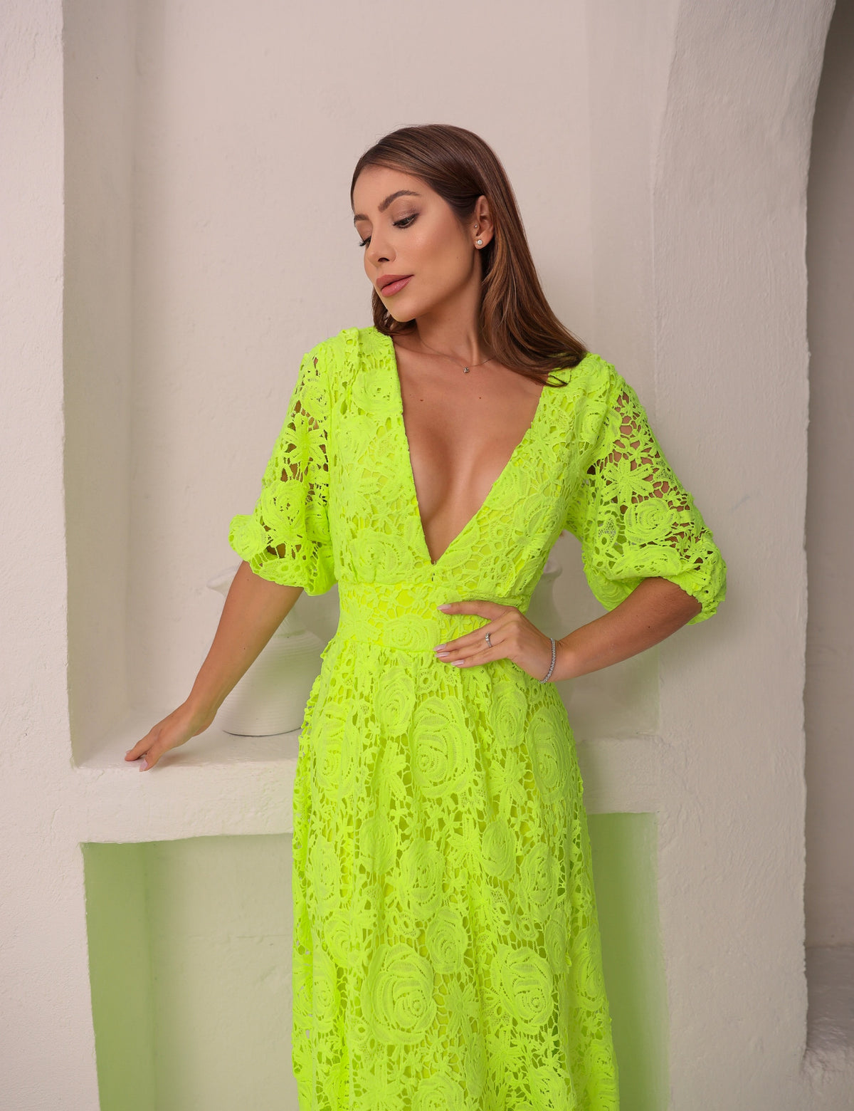 Vestido Longo Renda Emilly - Verde Neon