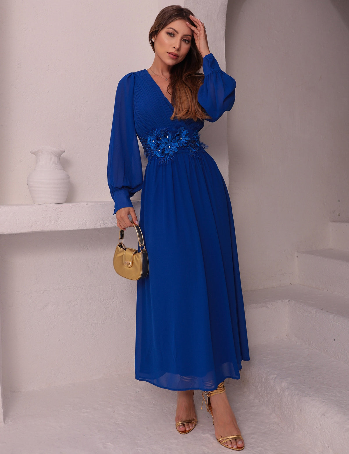 Vestido Chiffon Bordado Gabriella - Azul