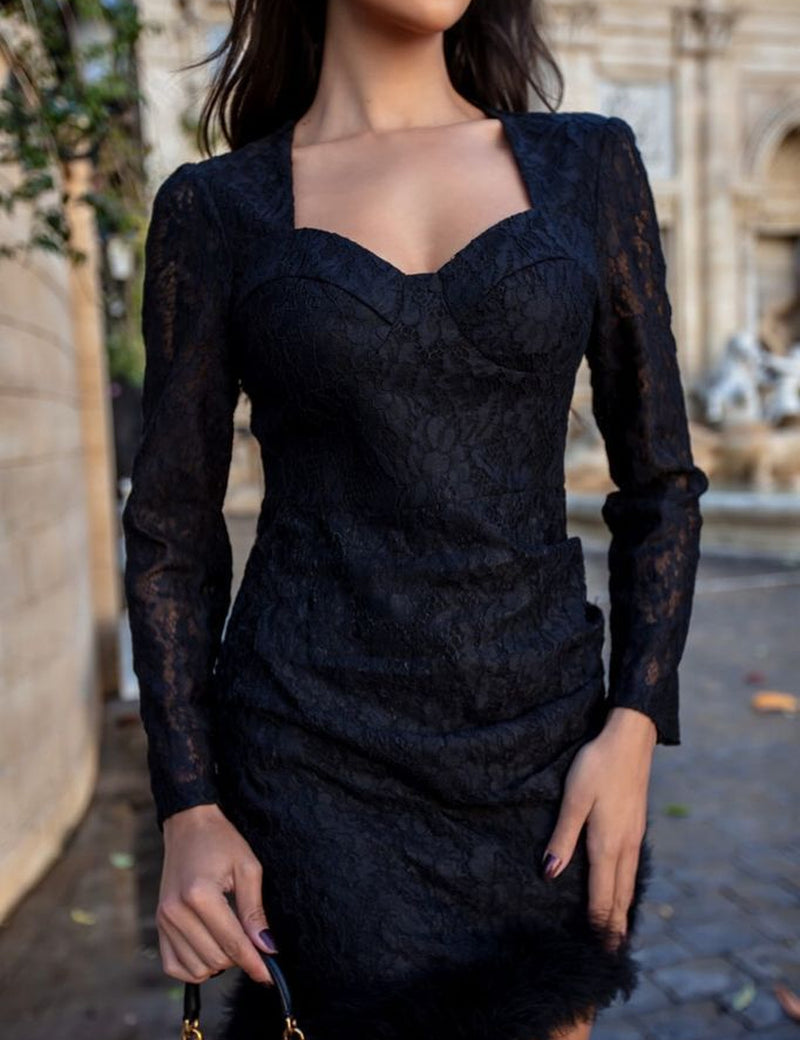 Vestido Renda Plumas Isabella - Preto