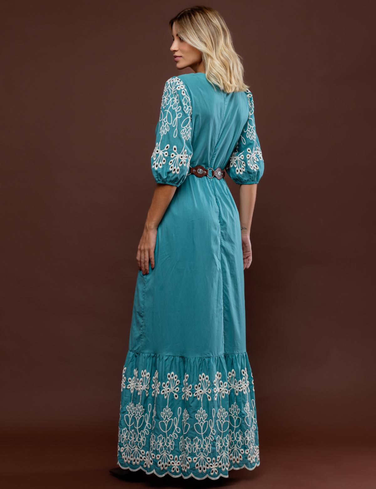 Vestido Barrado Bordado Eve - Turquesa