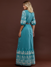 Vestido Barrado Bordado Eve - Turquesa