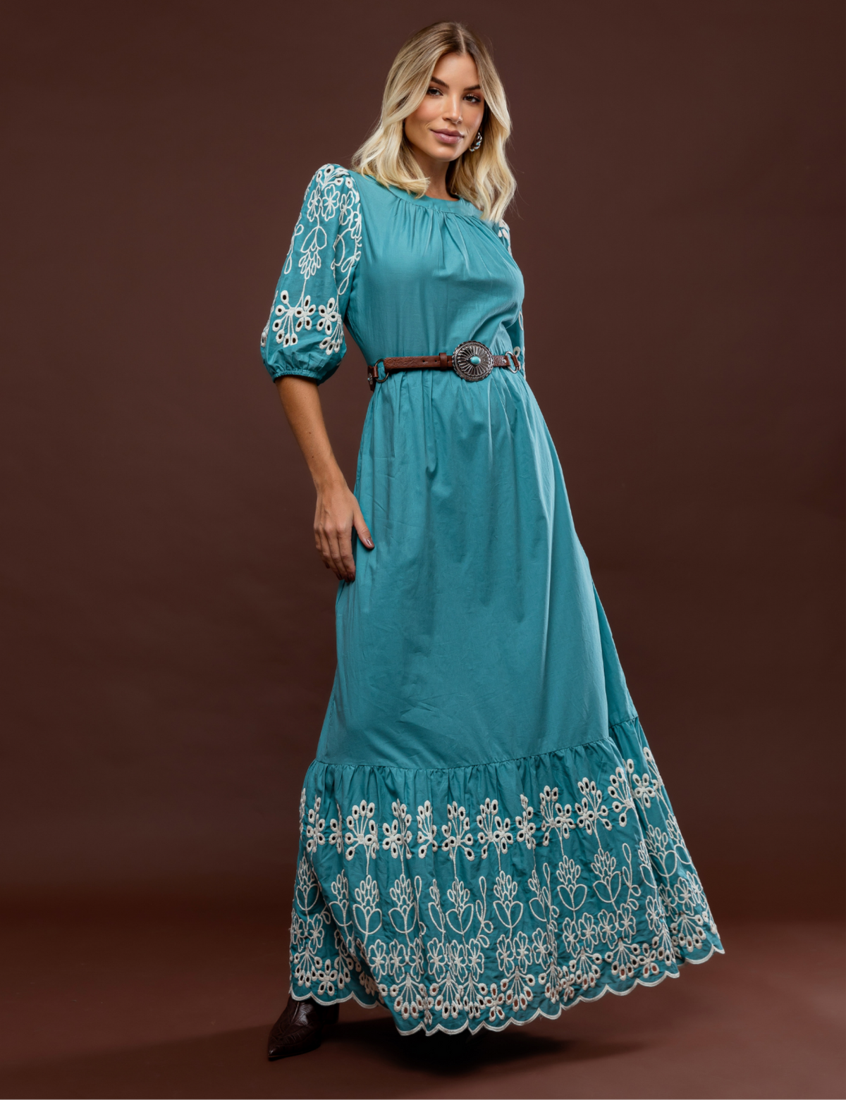 Vestido Barrado Bordado Eve - Turquesa