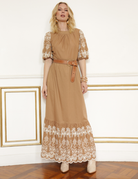 Vestido Barrado Bordado Eve - Bege