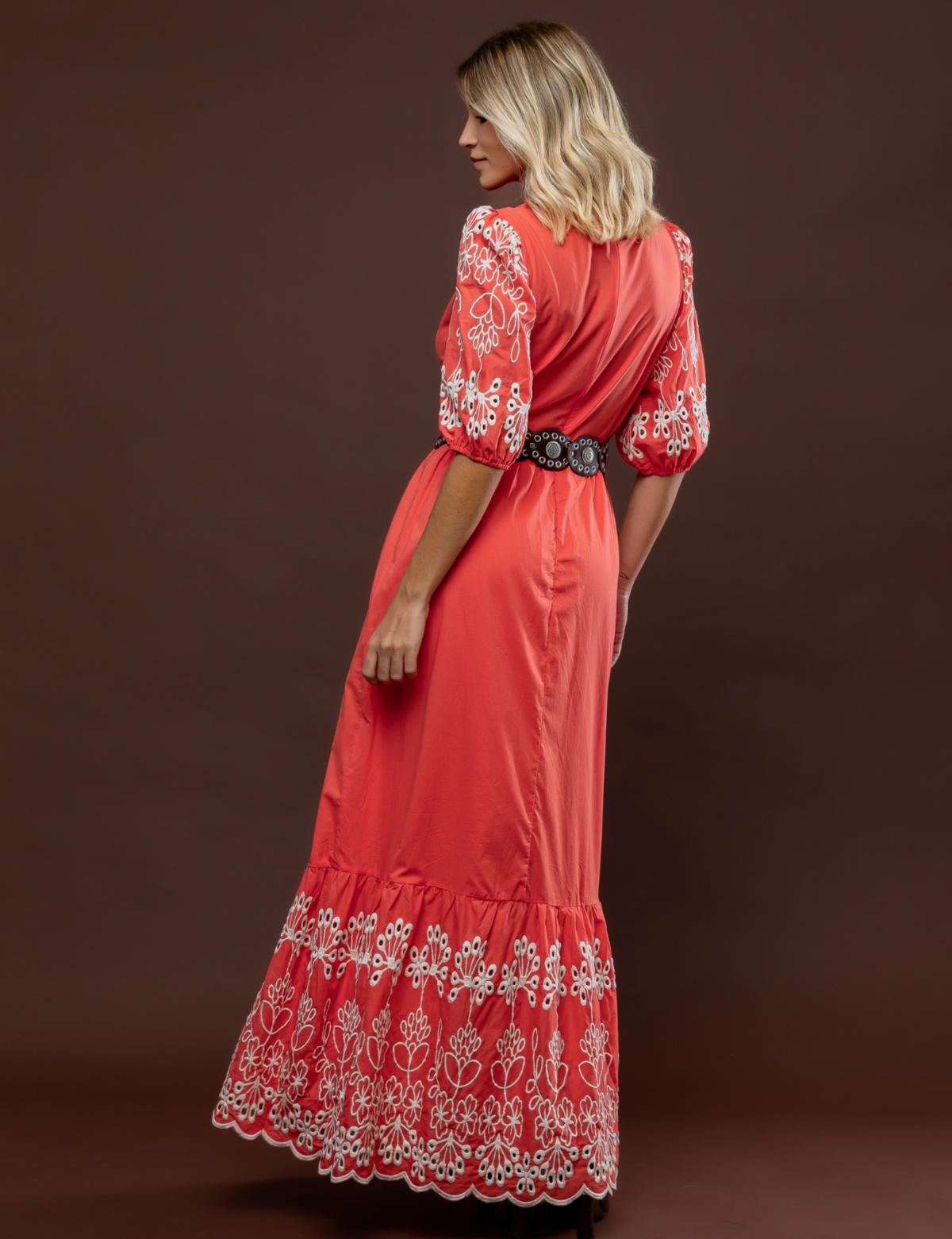 Vestido Barrado Bordado Eve - Laranja