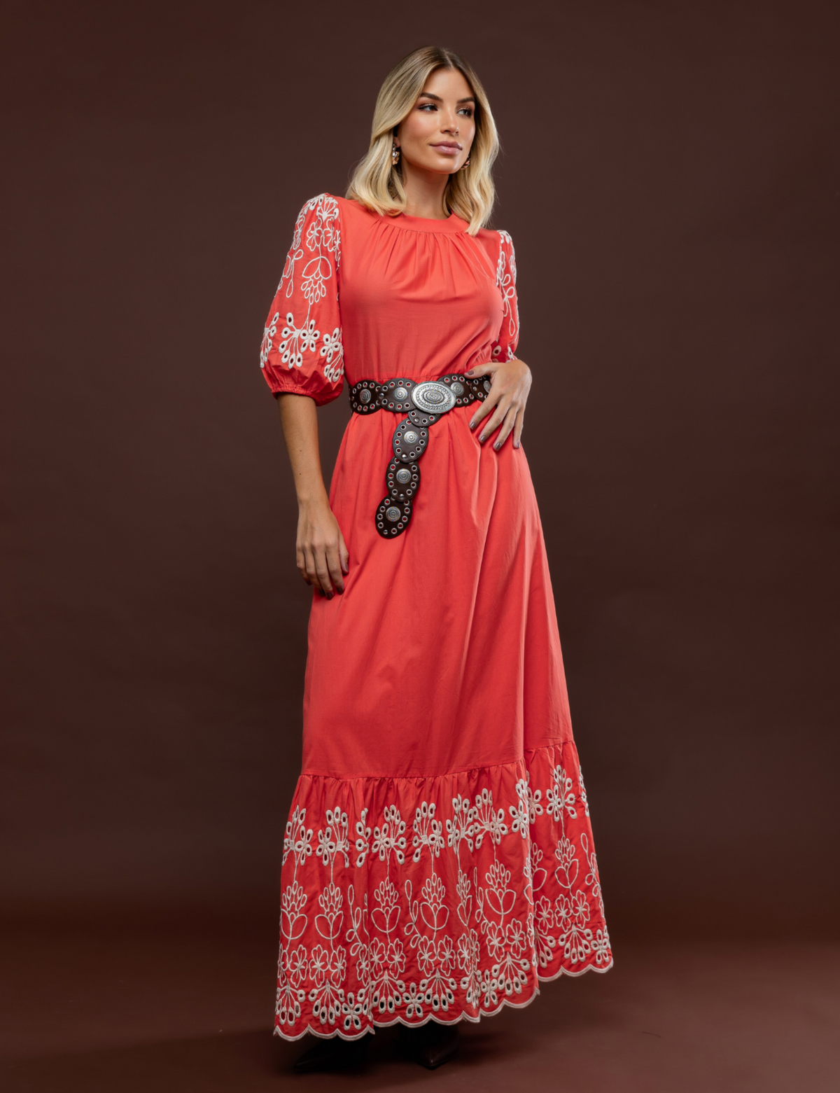 Vestido Barrado Bordado Eve - Laranja