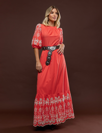 Vestido Barrado Bordado Eve - Laranja