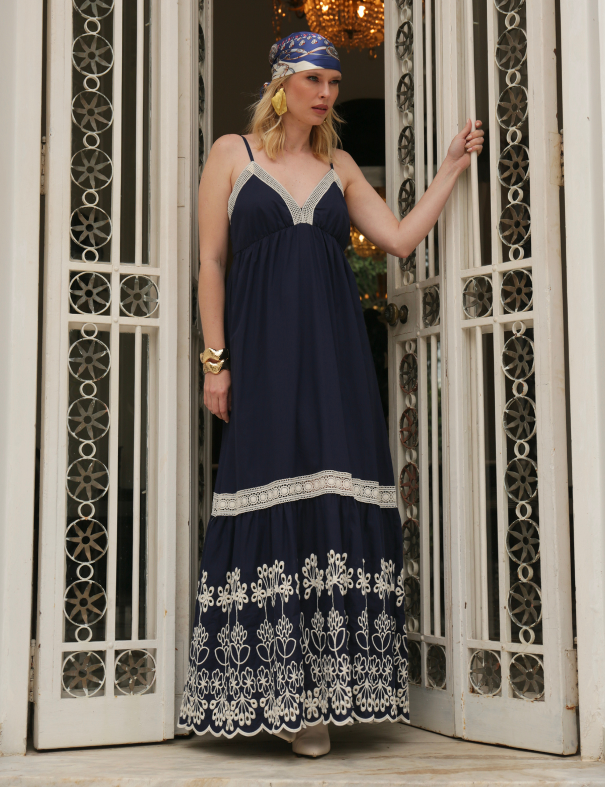 Vestido Longo Barrado Leoni - Azul Marinho