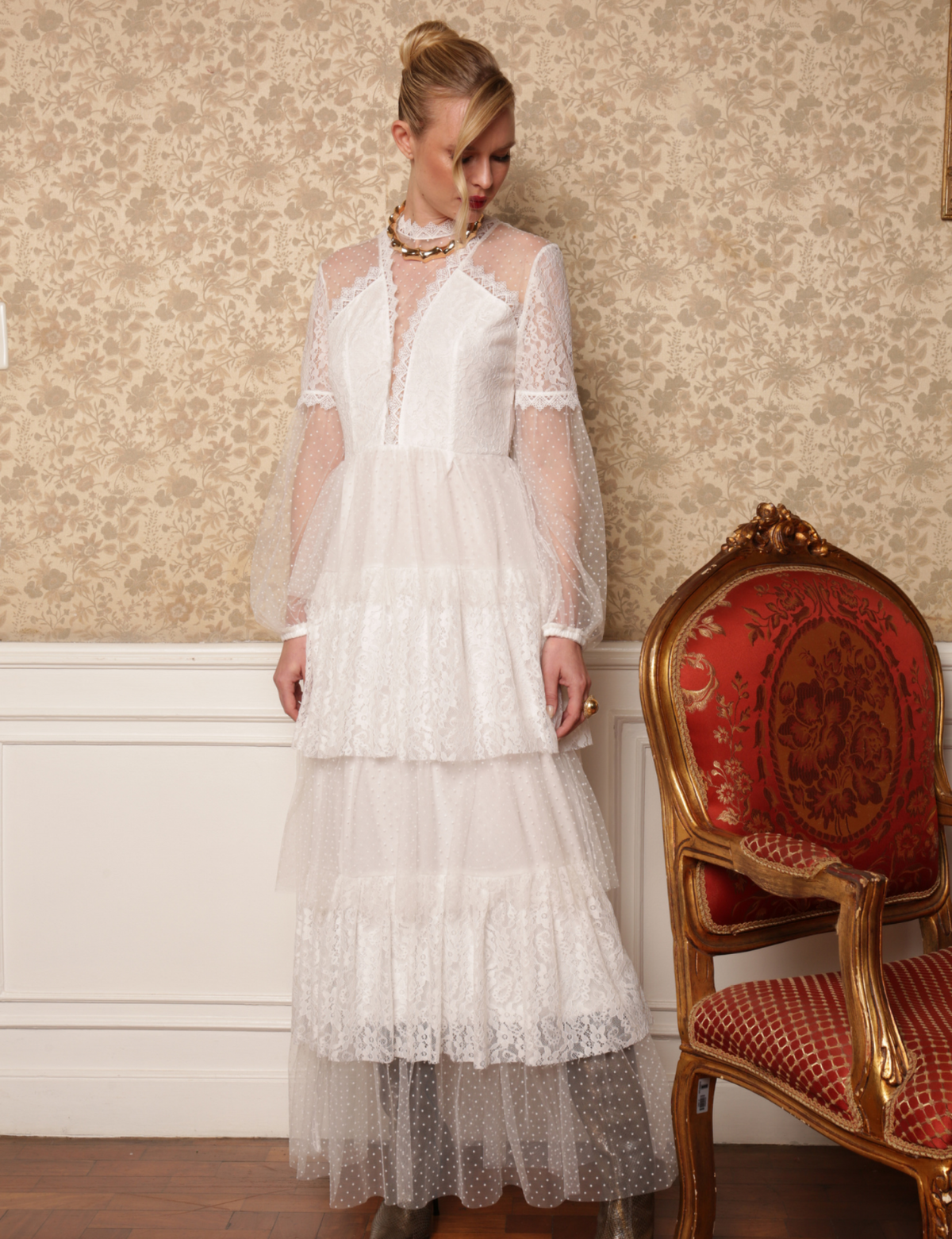 Vestido renda camadas Poliana - Off white