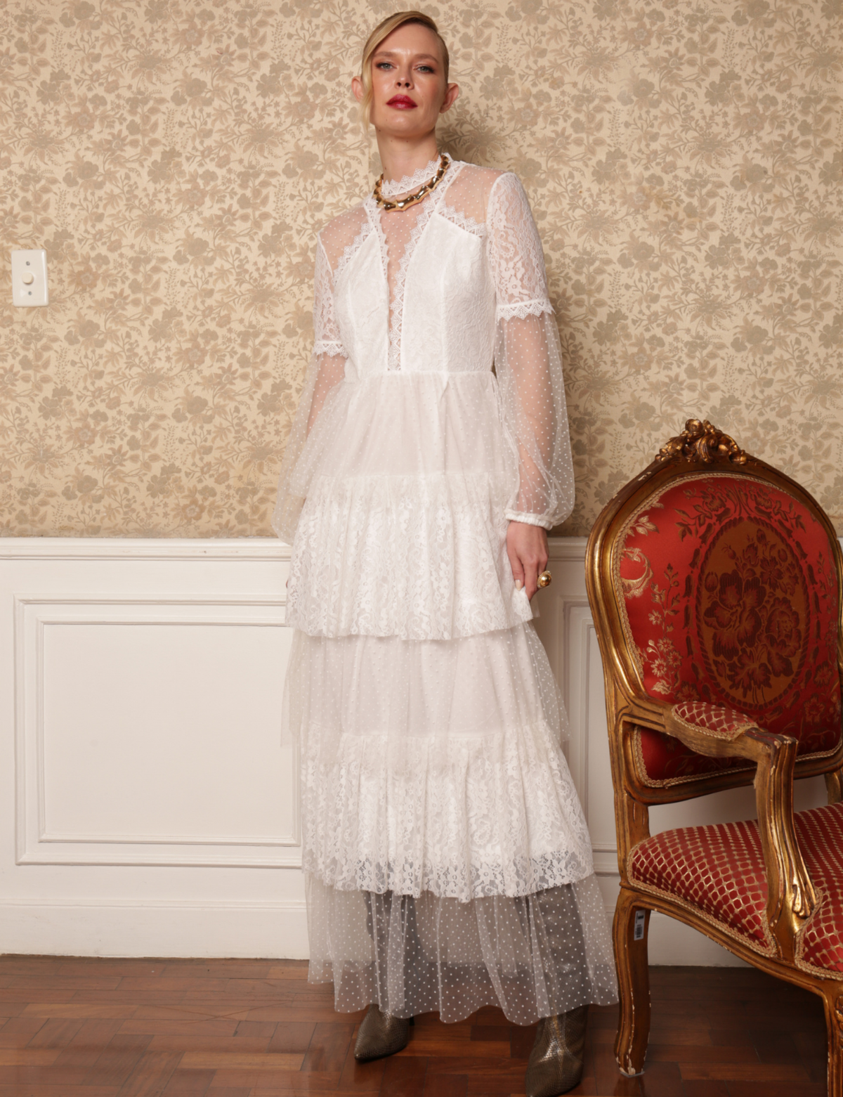 Vestido renda camadas Poliana - Off white