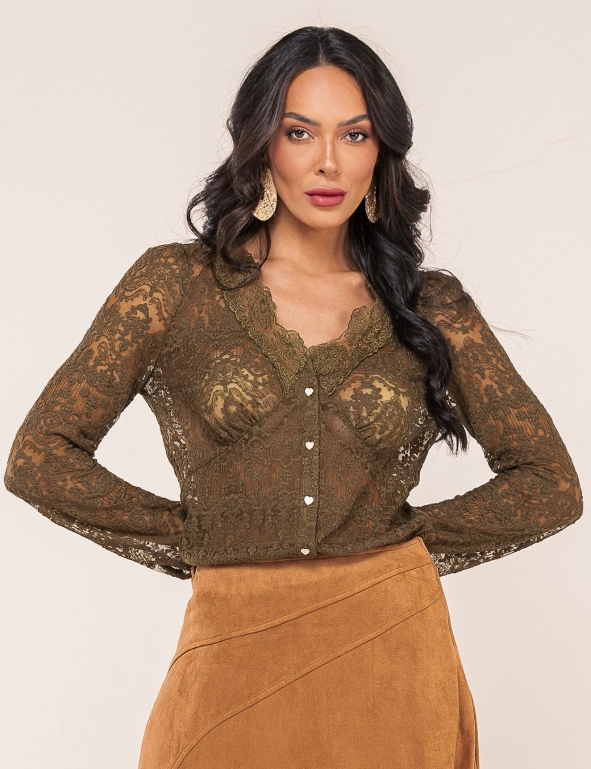 Camisa em Renda Alessandra - Verde Oliva