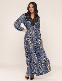 Vestido Animal Print Jasmim - Azul Marinho