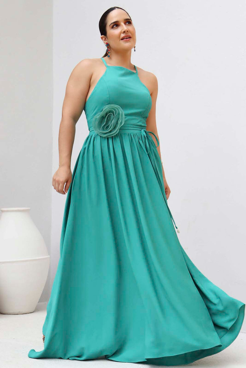 Vestido Longo Fluido Flor 3D Verde