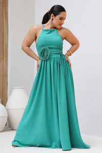 Vestido Longo Fluido Flor 3D Verde