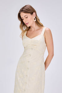 Vestido Longo Bordado Pregas no Busto Off White