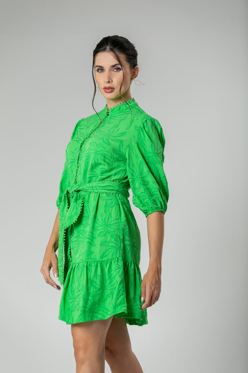 Vestido Curto de Leise Com Amarraçao Frontal Verde