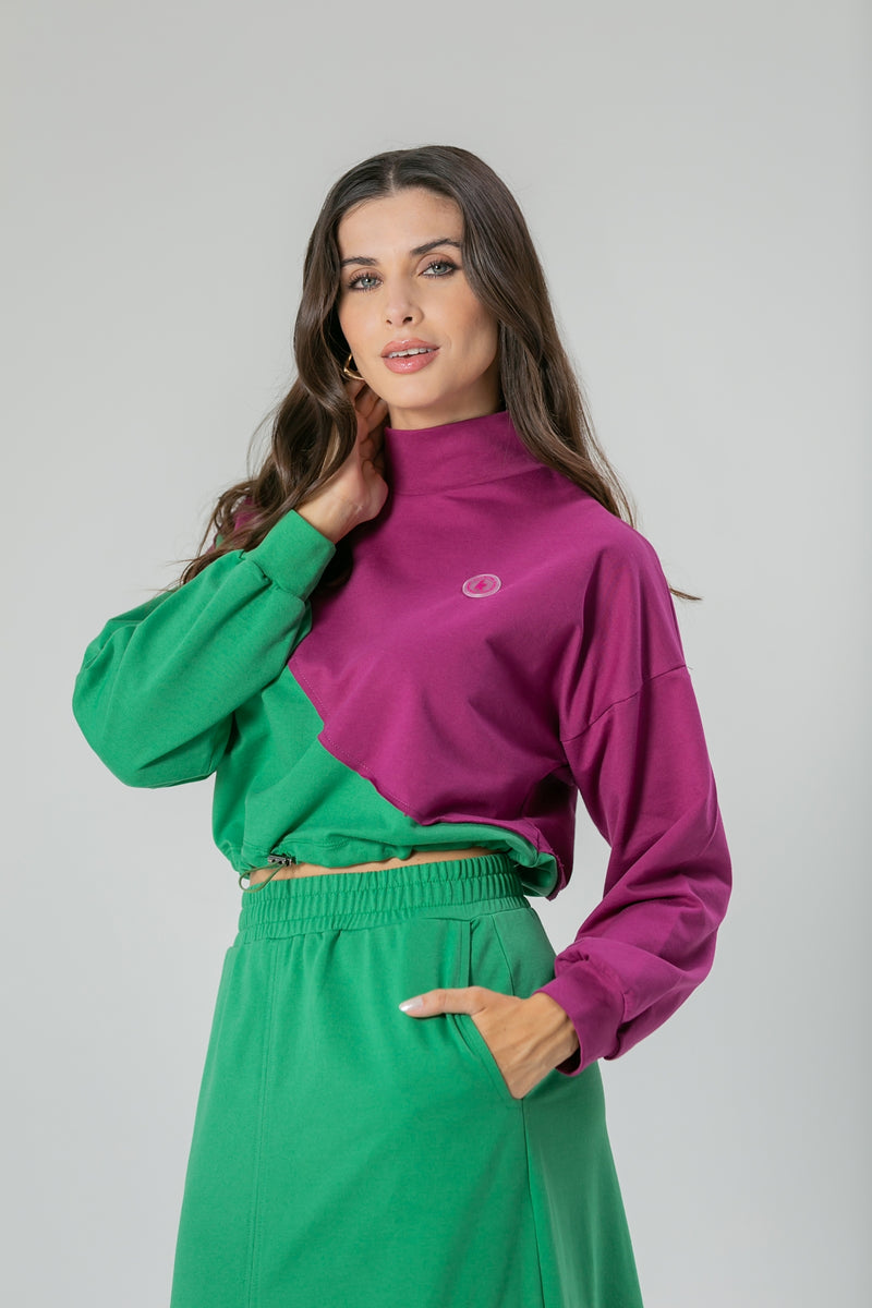 Conjunto de Saia Cargo e Cropped Gola Alta Fucsia