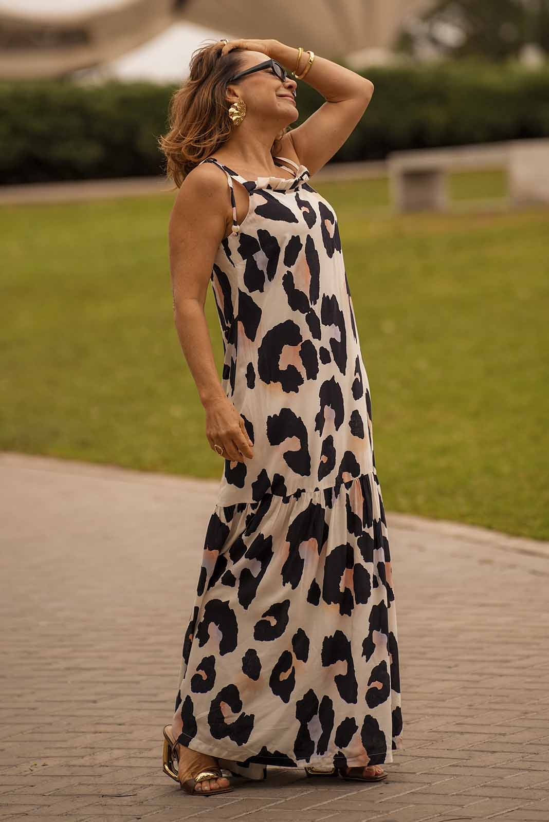 Vestido Longo Fluido Estampado Azul Marinho