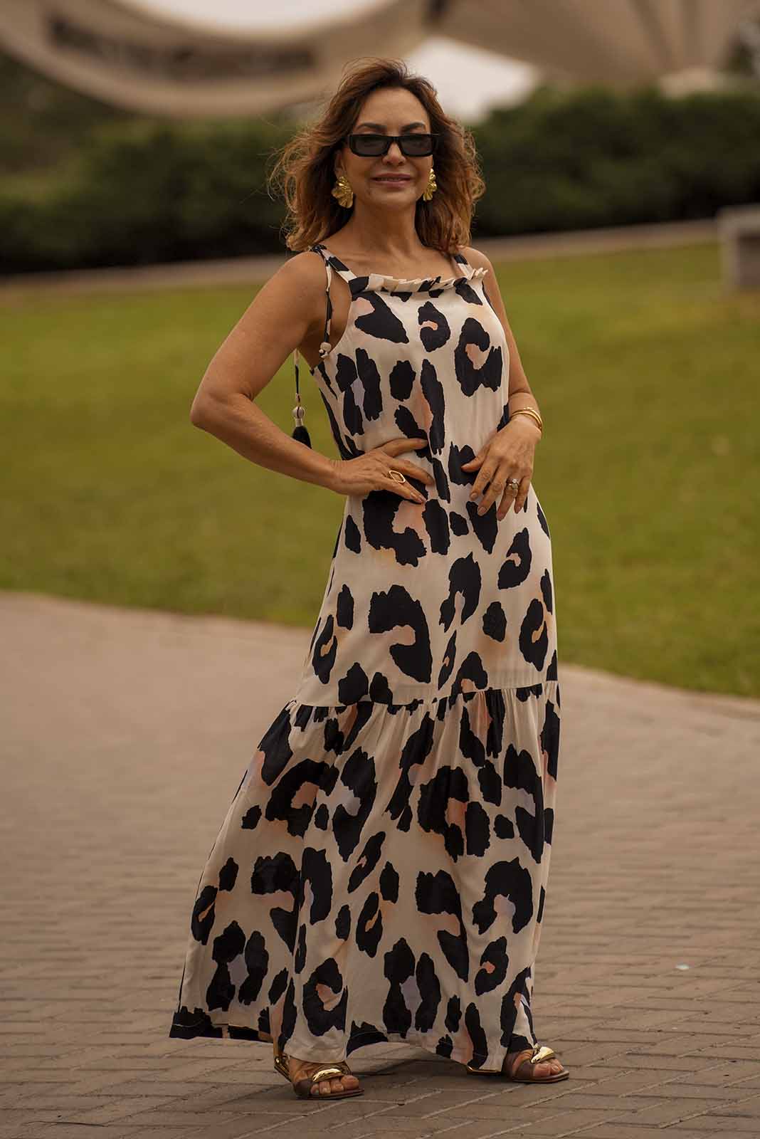 Vestido Longo Fluido Estampado Azul Marinho