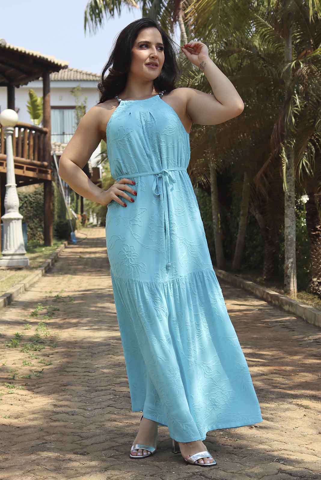 Vestido Longo Fluido Texturizado - Azul