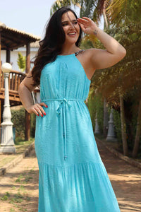 Vestido Longo Fluido Texturizado - Azul