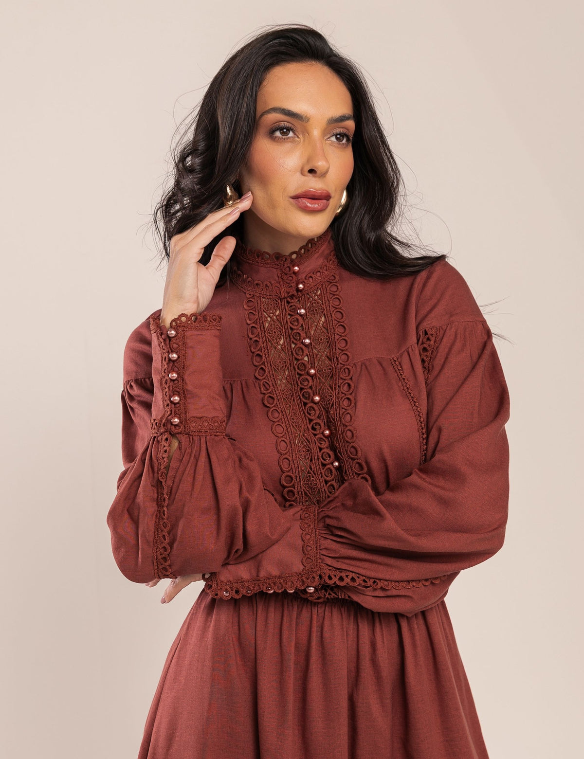Vestido Elah com Renda - Marrom