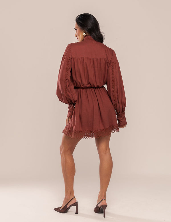 Vestido Elah com Renda - Marrom