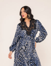 Vestido Animal Print Jasmim - Azul Marinho