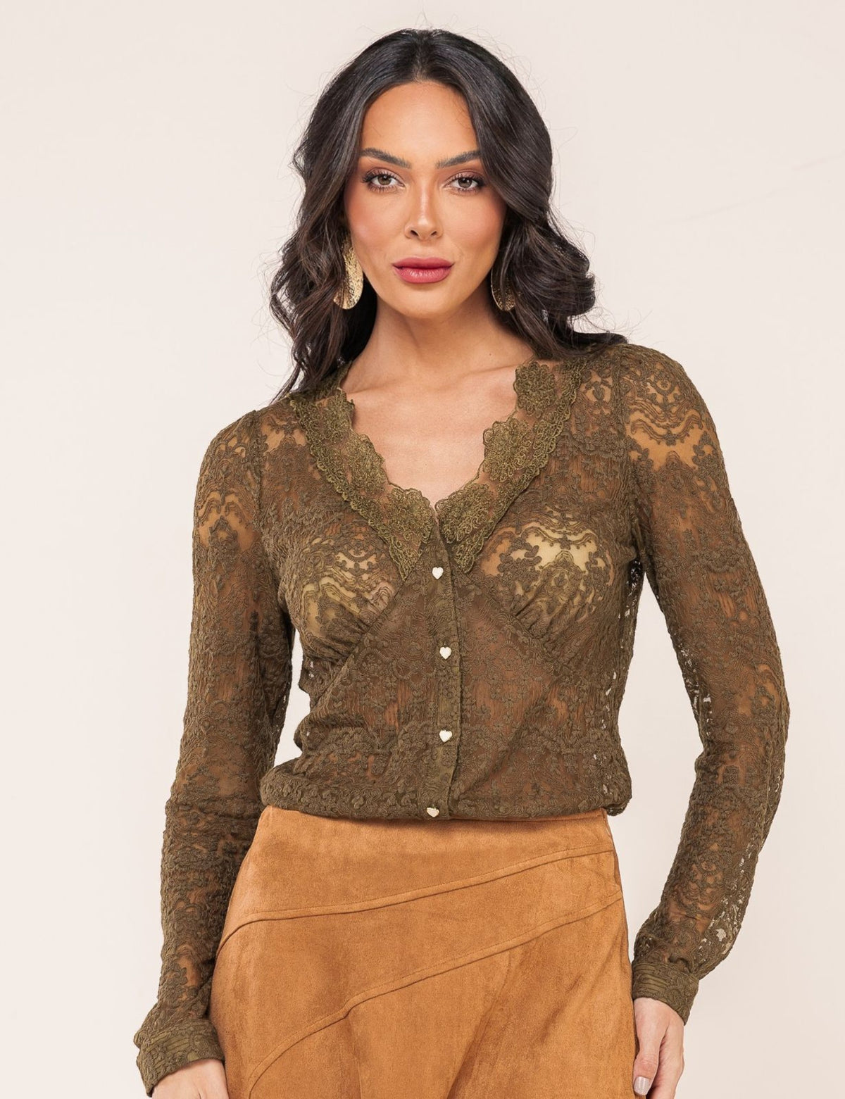 Camisa em Renda Alessandra - Verde Oliva
