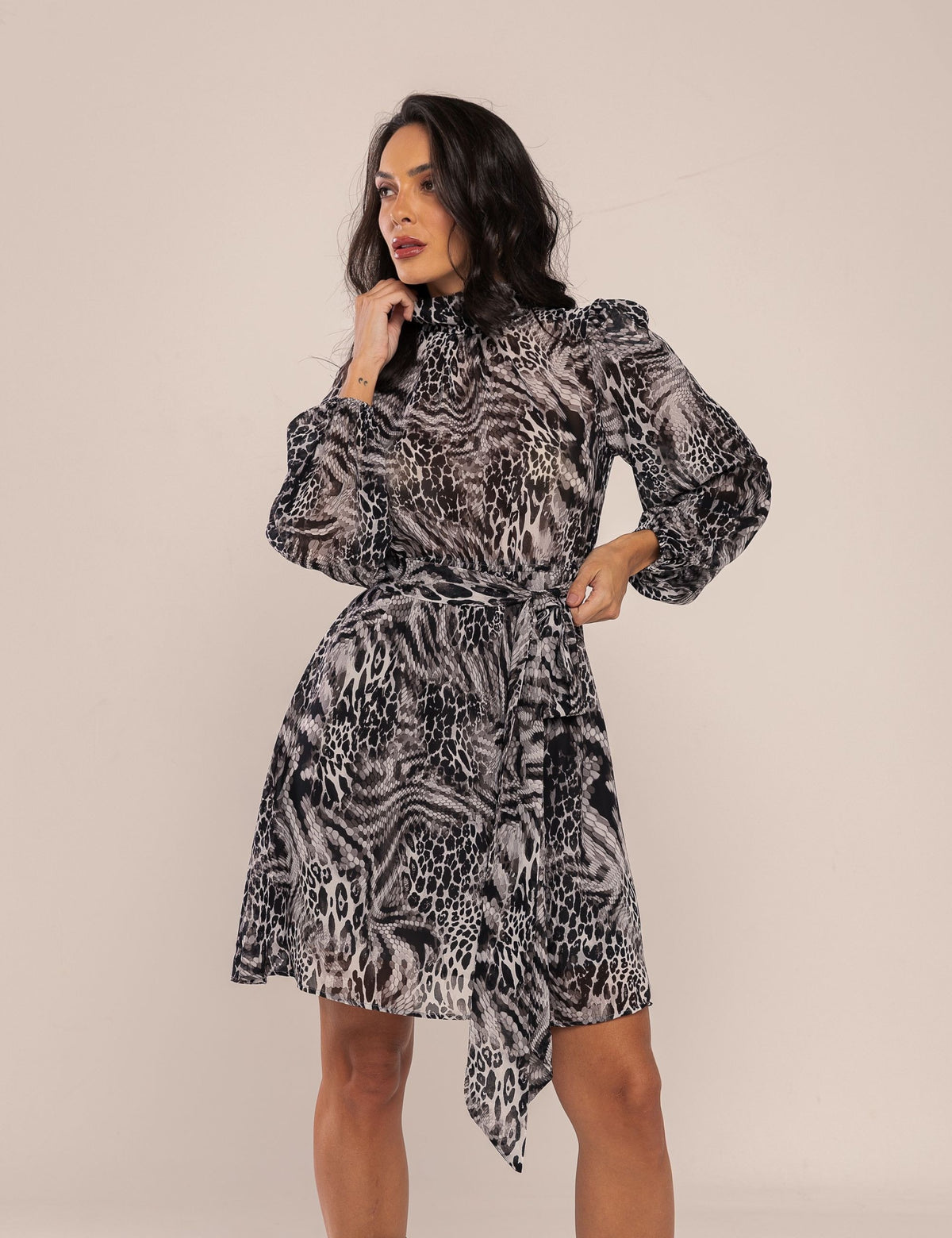 Vestido Elara Animal Print - Preto