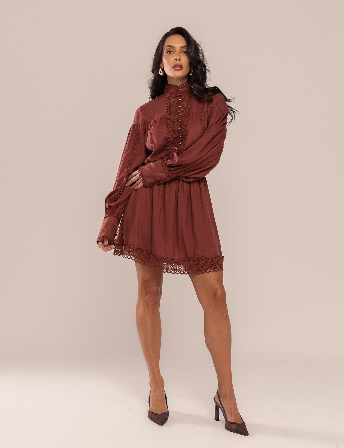 Vestido Elah com Renda - Marrom