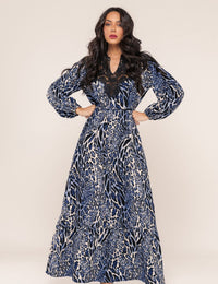 Vestido Animal Print Jasmim - Azul Marinho
