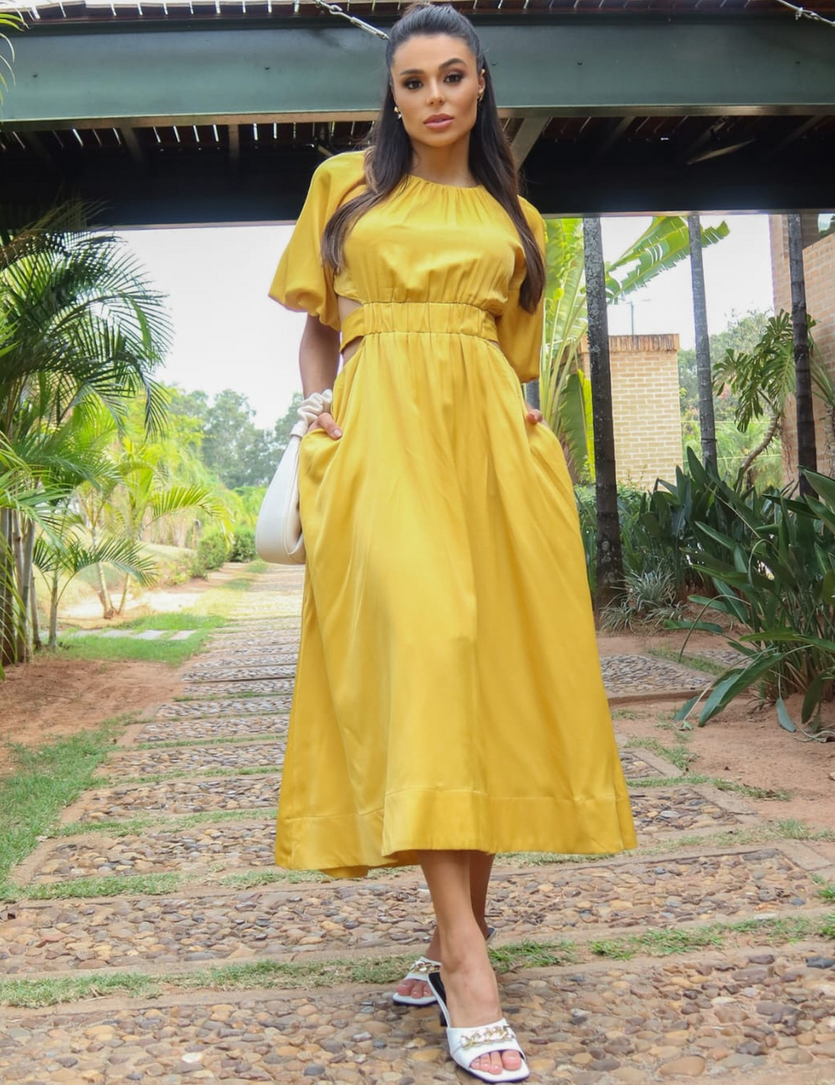 Vestido Cetim Elástico Eduarda - Amarelo