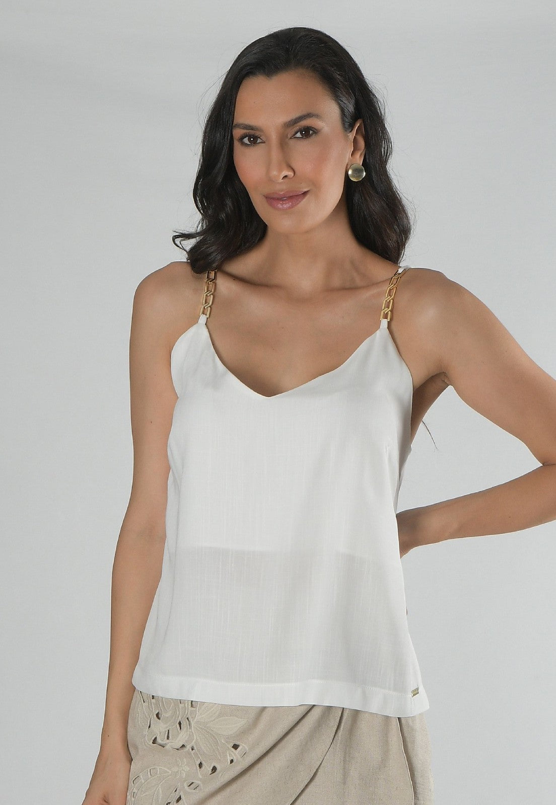 Blusa Mamorena de Alça com Corrente em Viscolinho