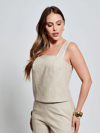 Blusa Mamorena de Alça em Linho com Elastano com Detalhe de Cordão