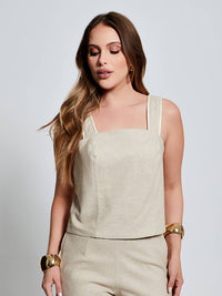 Blusa Mamorena de Alça em Linho com Elastano com Detalhe de Cordão