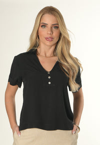 Blusa Mamorena em Viscolinho com Bolso Embutido e Detalhes em Botão