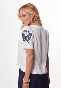 Blusa Mamorena em Viscolinho com Mangas Bordadas e Pregas no Busto