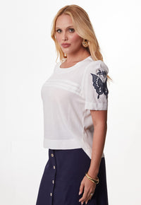 Blusa Mamorena em Viscolinho com Mangas Bordadas e Pregas no Busto