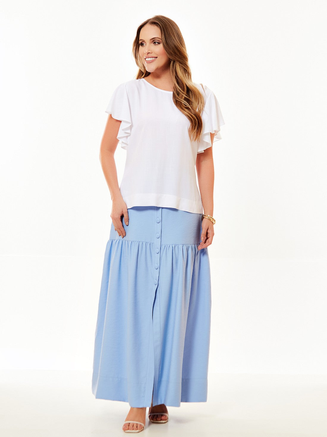 Blusa Mamorena em Viscolinho de Manga Curta com Babados