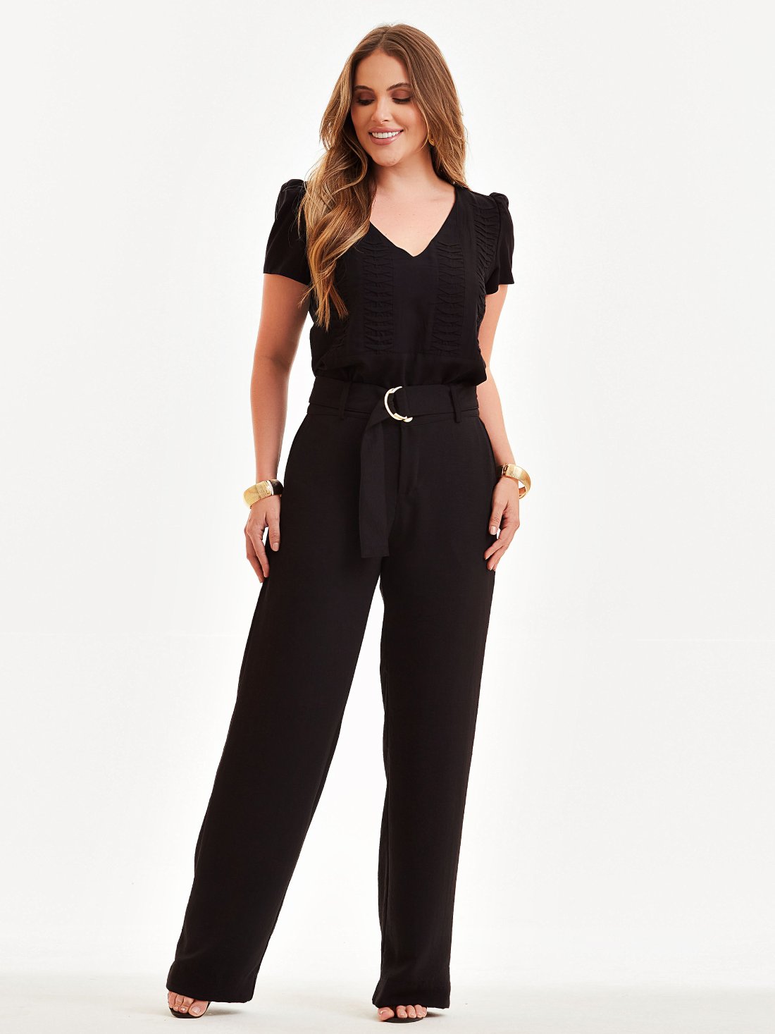 Blusa Mamorena em Viscolinho de Manga Curta com Detalhes em Pregas