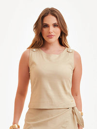 Blusa Mamorena Regata em Linho com Elastano com Recortes e Pespontos