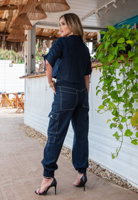 Calça  Mamorena Jogger em Linho com Elastano com Bolso Cargo