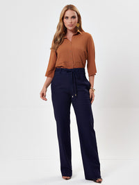 Calça Mamorena em Linho com Elastano em Base Reta com  Cinto do Mesmo Tecido