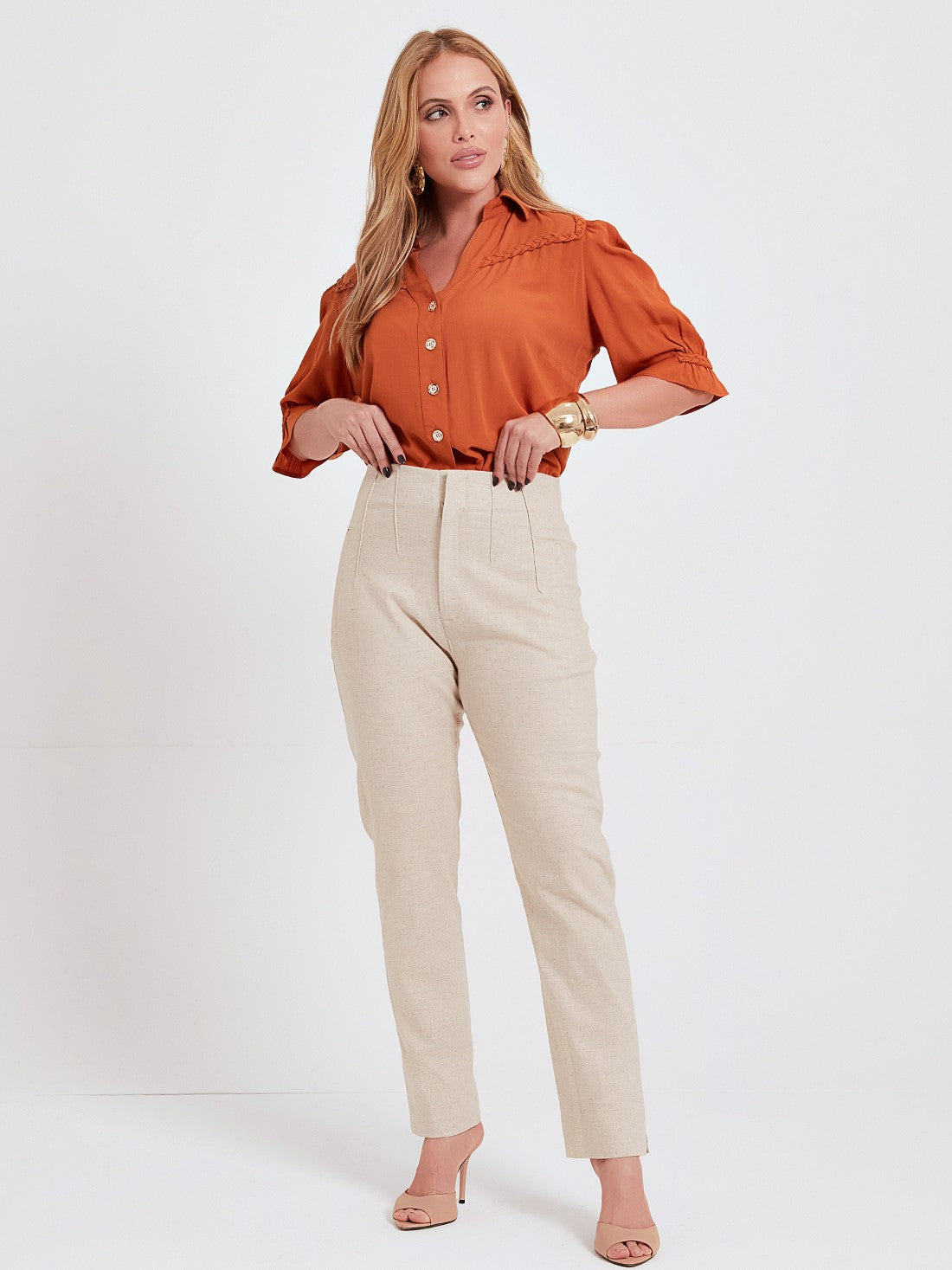 Calça Mamorena em Linho com Elastano Sem Cós