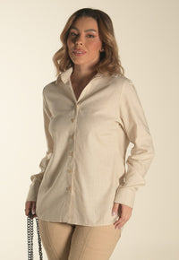 Camisa Mamorena em Linho com Elastano de Manga Longa com Prega nas Costas