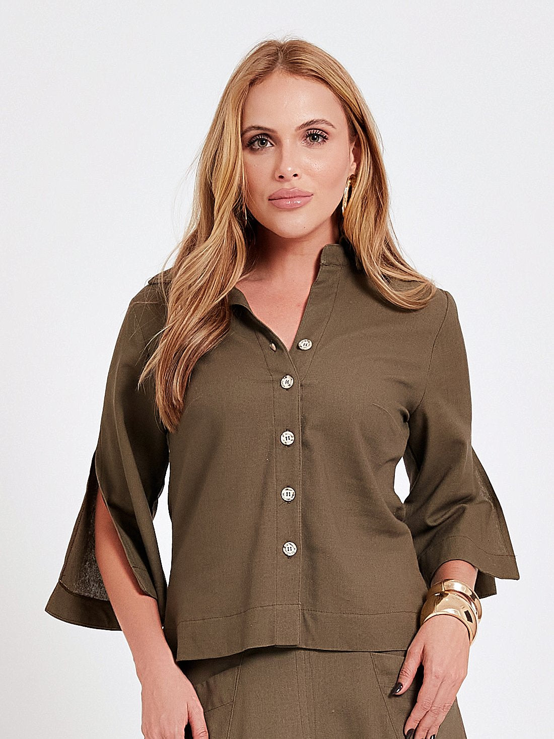 Camisa Mamorena Manga 3/4 em Viscolinho com Abertura na Lateral