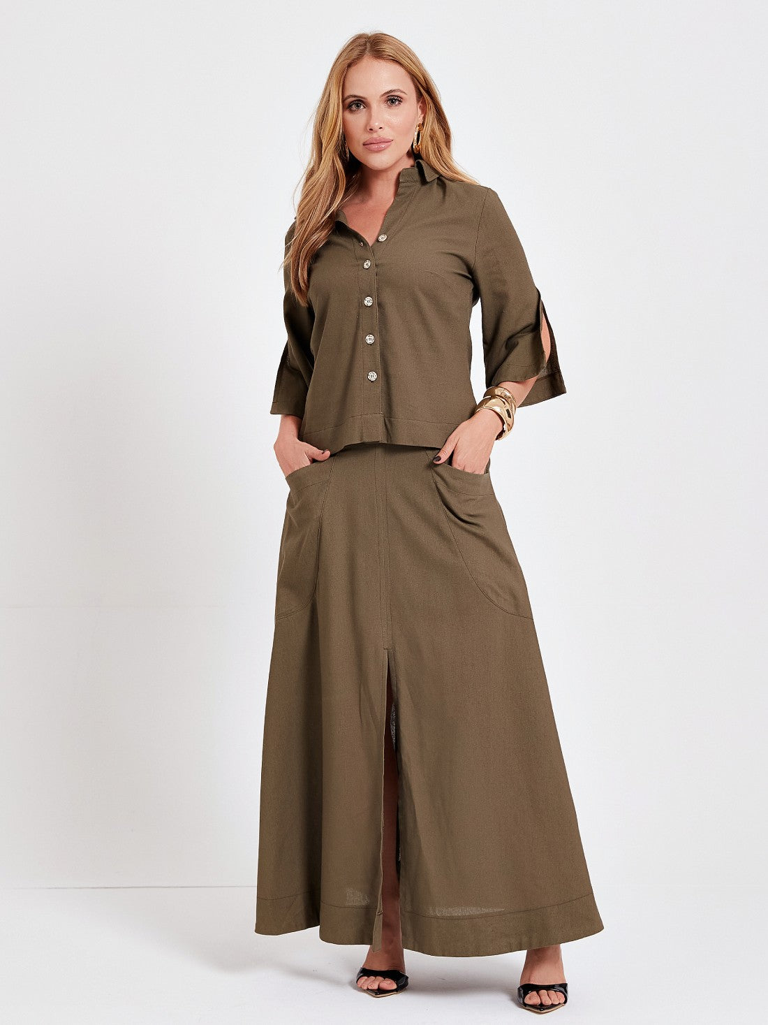 Camisa Mamorena Manga 3/4 em Viscolinho com Abertura na Lateral