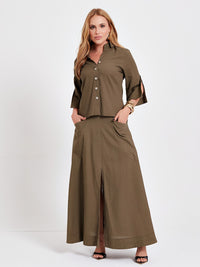 Camisa Mamorena Manga 3/4 em Viscolinho com Abertura na Lateral