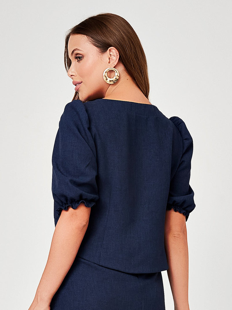 Camisa Mamorena Manga Curta em Linhão com Lastex e Bolso Quadrado